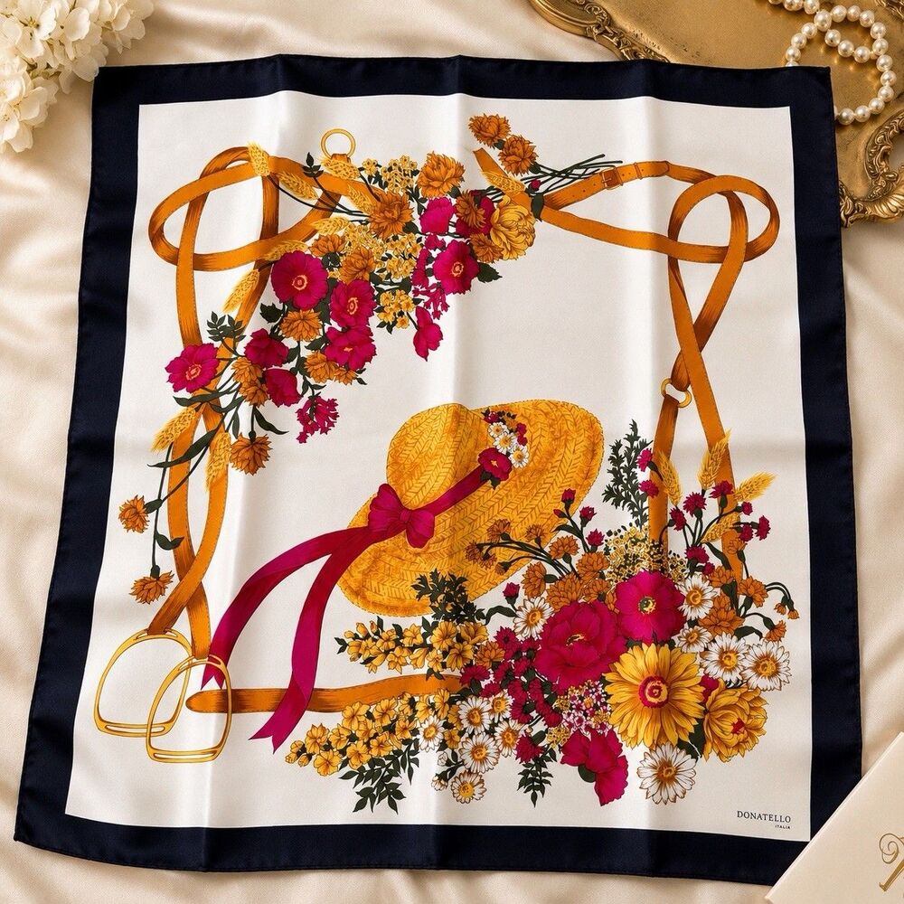 Donatello Italia Floral Equestrian Water Silk Scarf 34” x 32” Black Border Italy